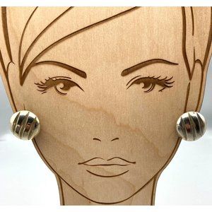 Vintage Triple Groove Button Earrings, Silver Tone Clip On